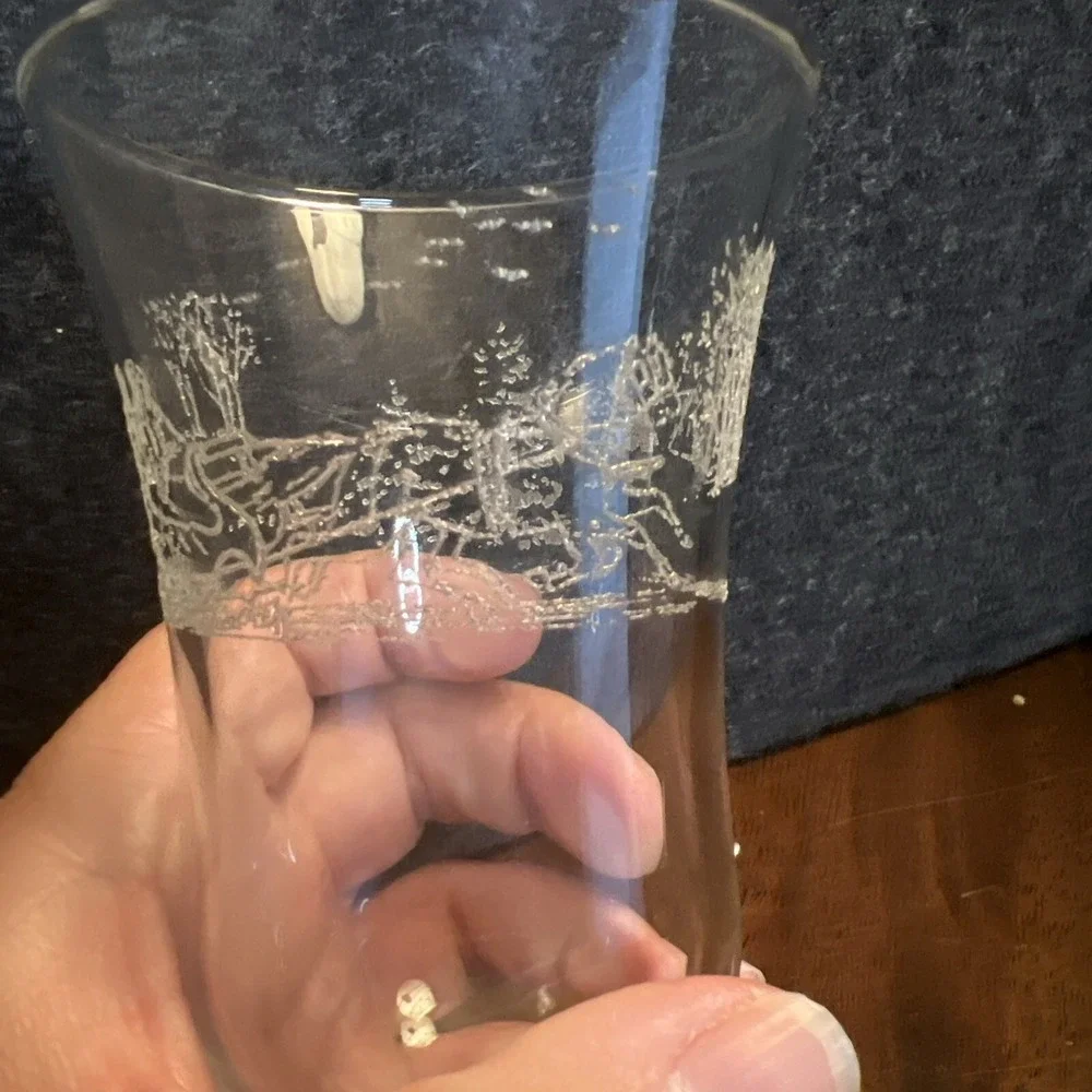 Homco Etched Glass Santa Sleigh Christmas Scene Votive Cup Candle Holder Vintage